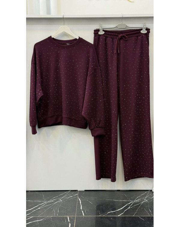 Taşlı Modal Eşofman Takımı Mürdüm