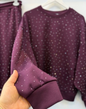 Taşlı Modal Eşofman Takımı Mürdüm 