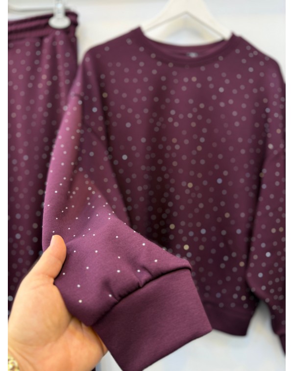 Taşlı Modal Eşofman Takımı Mürdüm