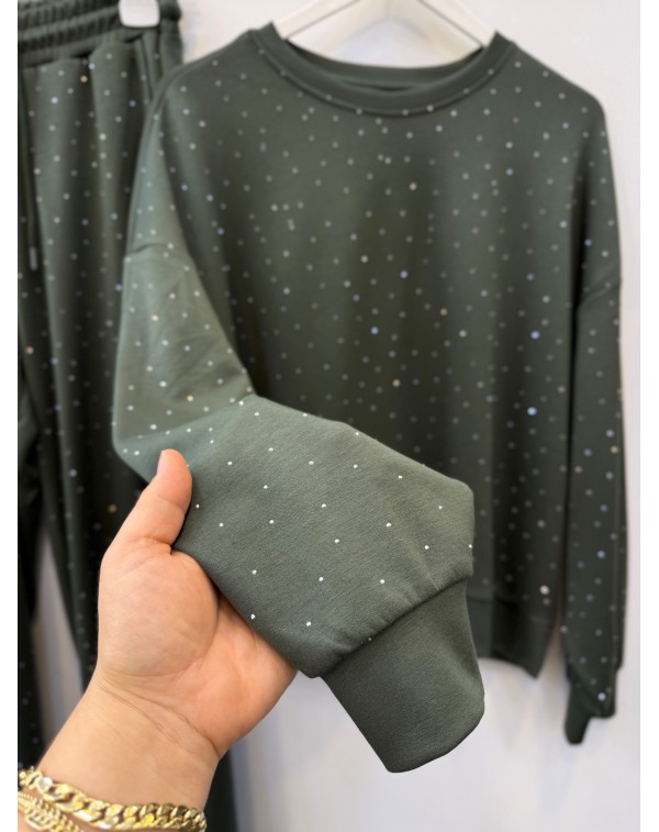 Taşlı Modal Eşofman Takımı Haki Yeşil