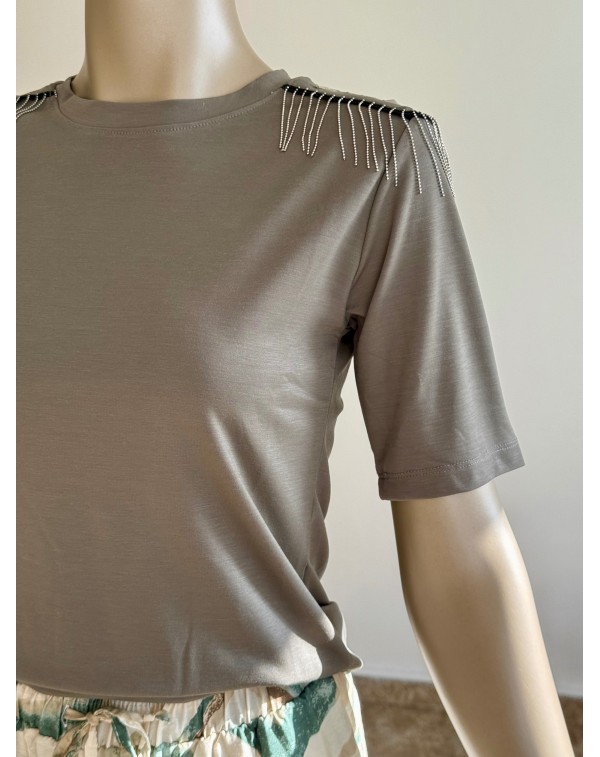 Omuz Detaylı Modal Kumaş Haki Renk Tshirt