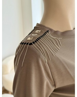 Omuz Detaylı Modal Kumaş Haki Renk Tshirt 