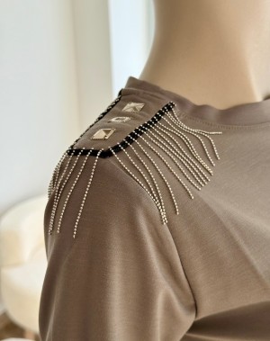 Omuz Detaylı Modal Kumaş Haki Renk Tshirt Omuz Detaylı Modal Kumaş Haki Renk Tshirt