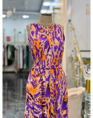 Renkli Desenli Viskon Kumaş Bol Paça Tulum Mor