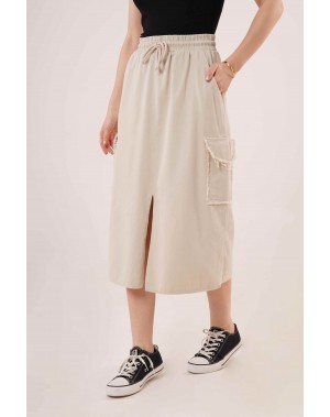 Önden Yırtmaçlı Jean Etek Krem