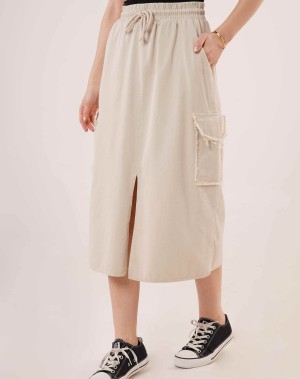 Önden Yırtmaçlı Jean Etek Krem