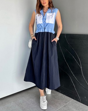 Paraşüt Kumaş Detaylı Mavi Mix Elbise