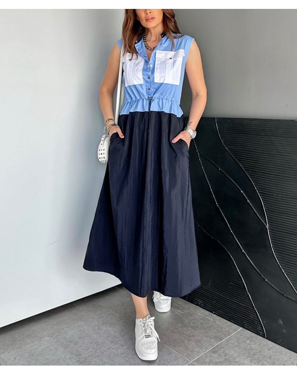 Paraşüt Kumaş Detaylı Mavi Mix Elbise