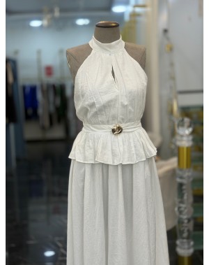 Halter Yaka Bluz Etek Takım Beyaz 