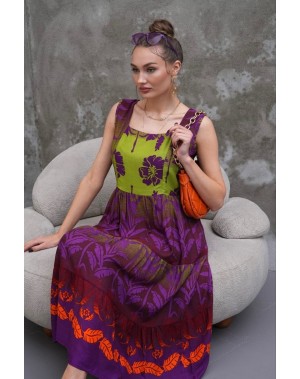 Mor Desenli Viskon Kumaş Kare Yaka Elbise 