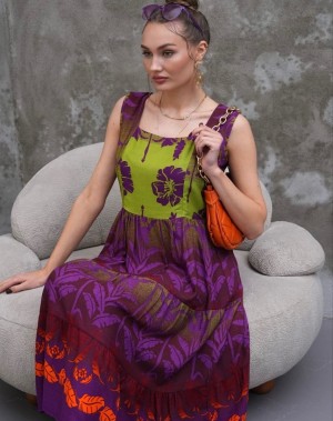 Mor Desenli Viskon Kumaş Kare Yaka Elbise 