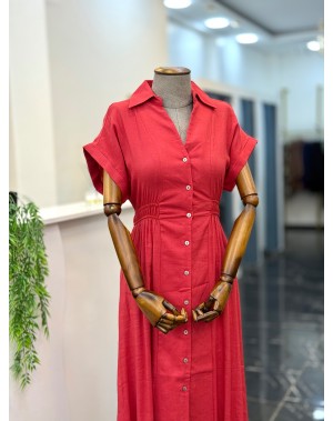 Önden Düğmeli Nar Çiçeği Keten Elbise 