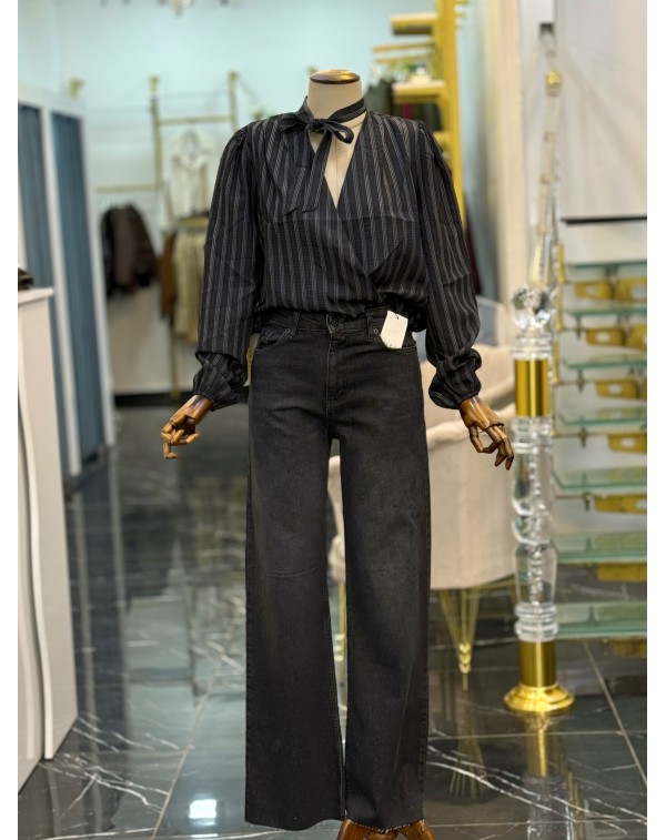 Yüksek Bel Antrasit Bol Paça Jean