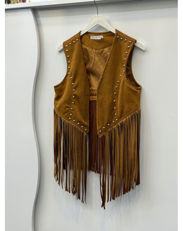 Püsküllü Nubuk Yelek Taba