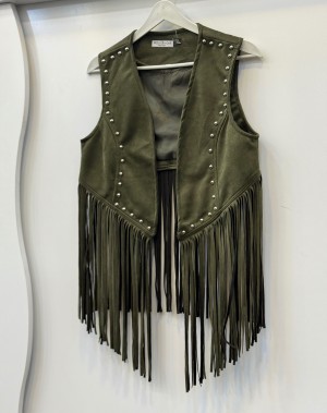 Püsküllü Nubuk Yelek Haki Yeşil 