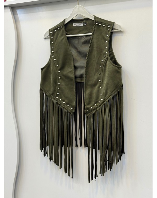 Püsküllü Nubuk Yelek Haki Yeşil