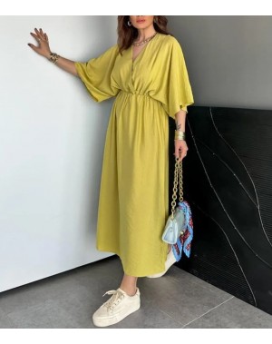 Yarasakol Bel Kısmı Lastikli Yanları Yırtmaçlı Yağ Yeşil Elbise 