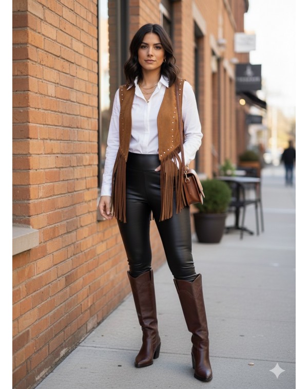 Püsküllü Nubuk Yelek Taba