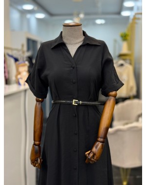 Tensel Kumaş Kemerli Midi Boy Siyah Elbise 