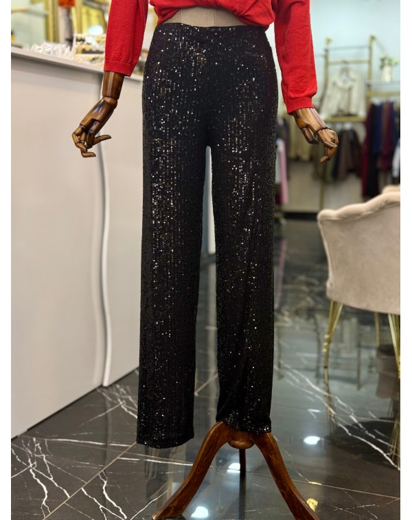 Beli Lastikli İçi Astarlı Pulpayetli Pantolon Siyah