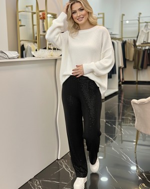 Beli Lastikli İçi Astarlı Pulpayetli Pantolon Siyah 