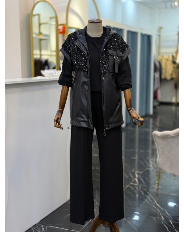 Lüx Kalite Deri Yelekli 3'lü Takım Siyah