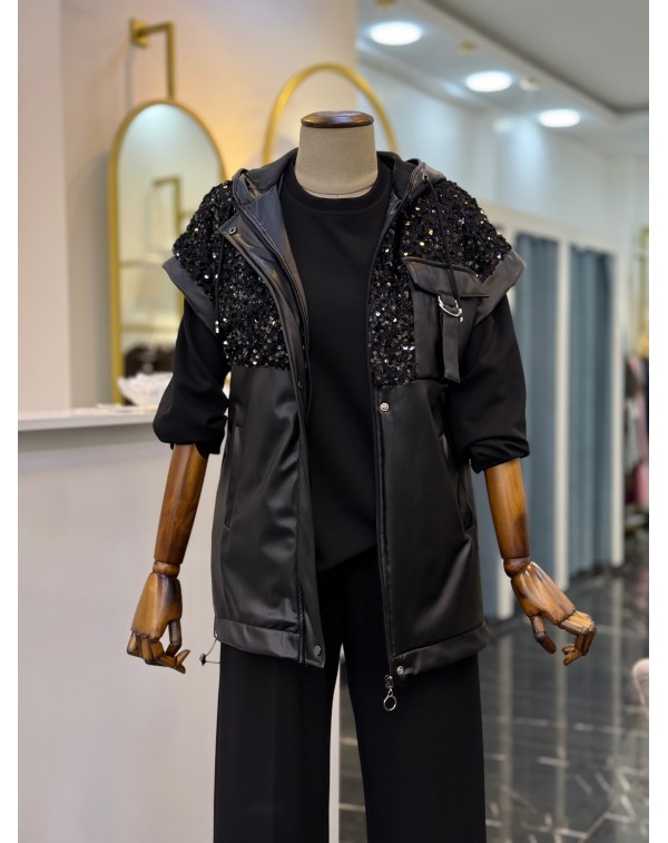 Lüx Kalite Deri Yelekli 3'lü Takım Siyah