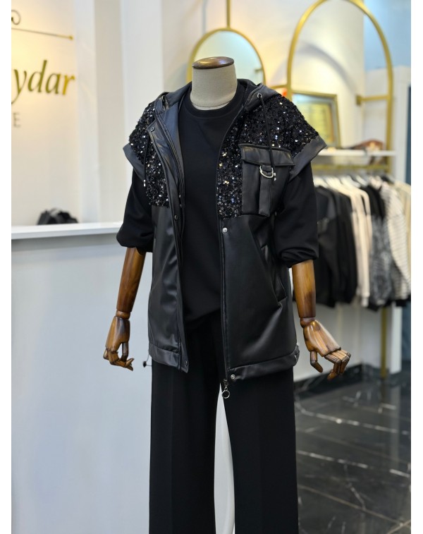 Lüx Kalite Deri Yelekli 3'lü Takım Siyah