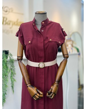 Gold Düğme Detaylı Önden Düğmeli Kemerli Bordo Elbise 