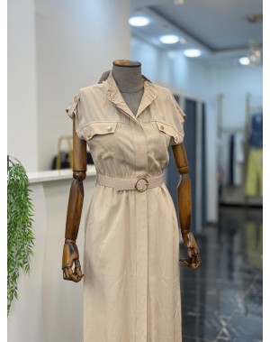 Gold Düğme Detaylı Önden Düğmeli Kemerli Taş Rengi Elbise 