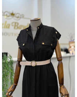 Gold Düğme Detaylı Önden Düğmeli Kemerli Siyah Elbise 