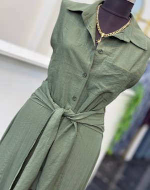 Önden Bağlama Detaylı Viskoz Kumaş Yeşil Elbise 