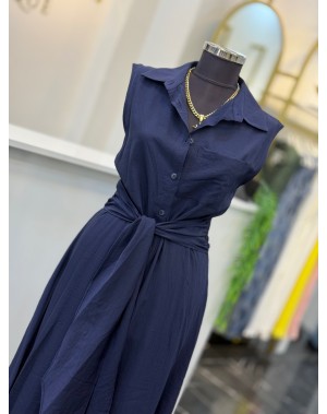 Önden Bağlama Detaylı Viskoz Kumaş Lacivert Elbise 