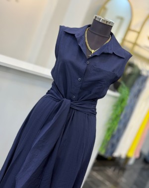 Önden Bağlama Detaylı Viskoz Kumaş Lacivert Elbise 