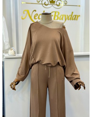 Modal Kumaş Kayık Yaka İkili Takım Kahverengi 
