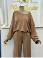 Modal Kumaş Kayık Yaka İkili Takım Kahverengi