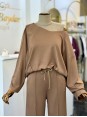 Modal Kumaş Kayık Yaka İkili Takım Kahverengi