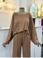 Modal Kumaş Kayık Yaka İkili Takım Kahverengi