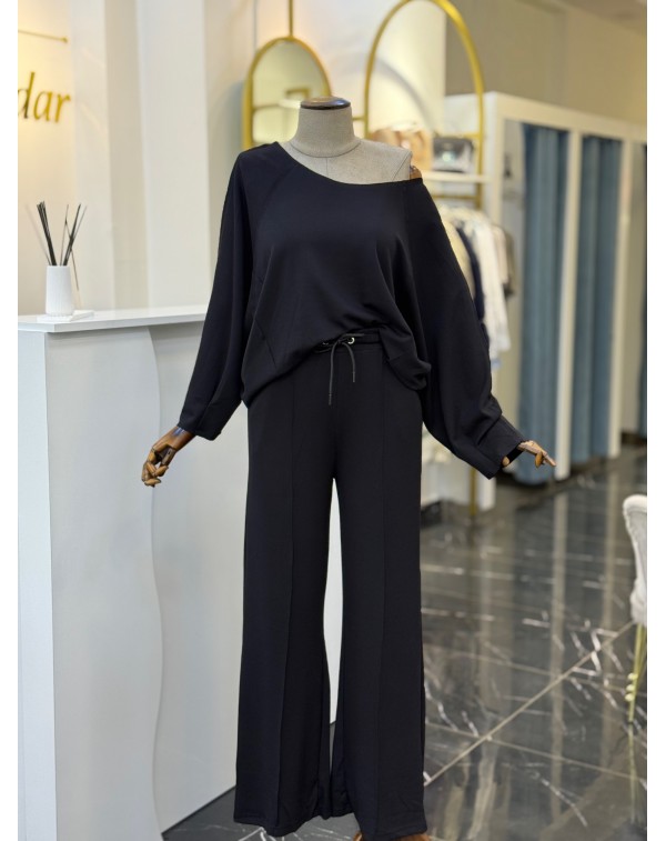 Modal Kumaş Kayık Yaka İkili Takım Siyah