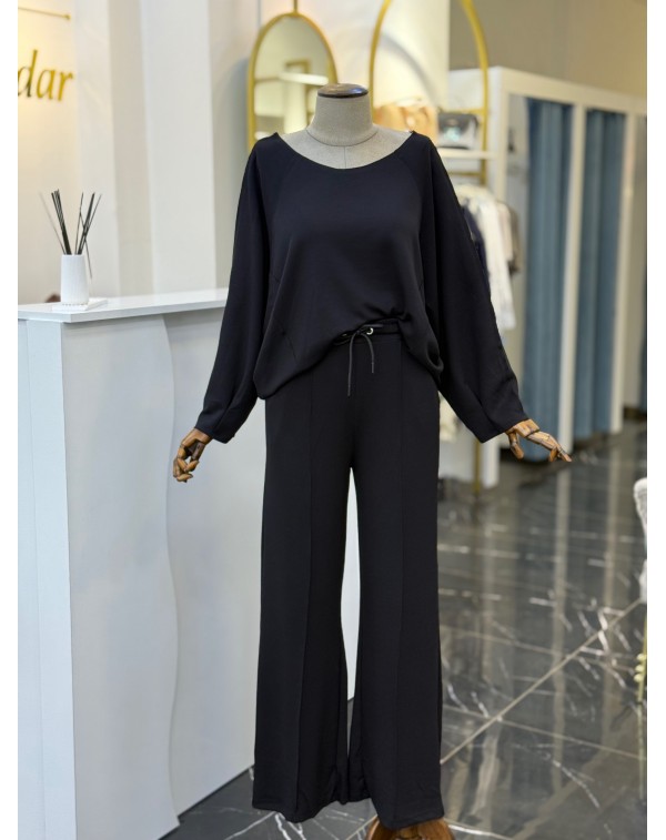 Modal Kumaş Kayık Yaka İkili Takım Siyah