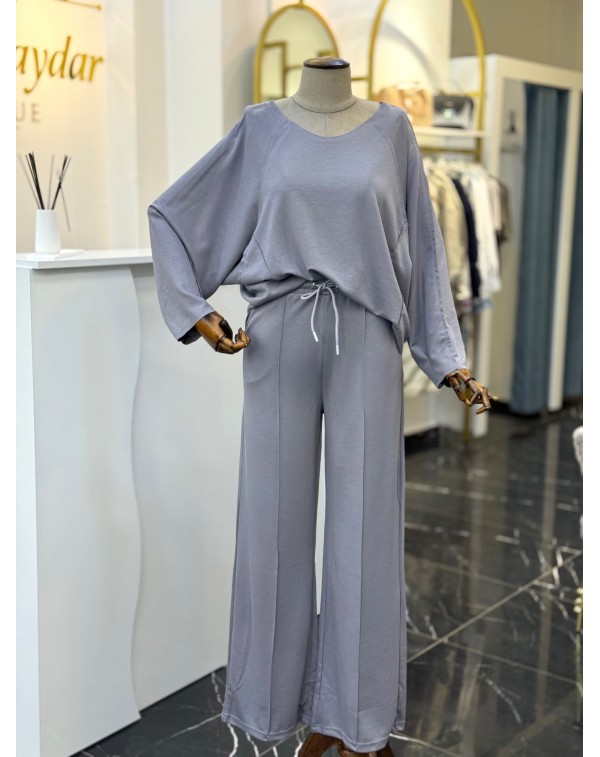 Modal Kumaş Kayık Yaka İkili Takım Gri