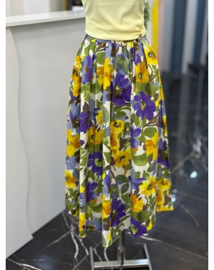 Çiçek Desenli Rengarenk Maxi Boy Etek Mor