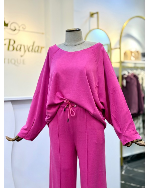 Modal Kumaş Kayık Yaka İkili Takım Pembe