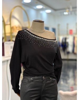 Kayık Yaka Taş İşleme Lüx Kalite Siyah Bluz 