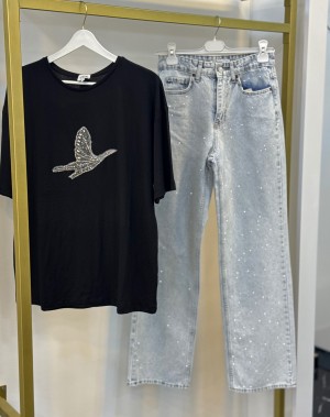 Taşlı Buz Mavi Jean 