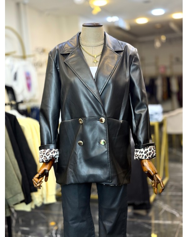 Lüx Kalite Suni Deri Leopar Astarlı Blazer Ceket