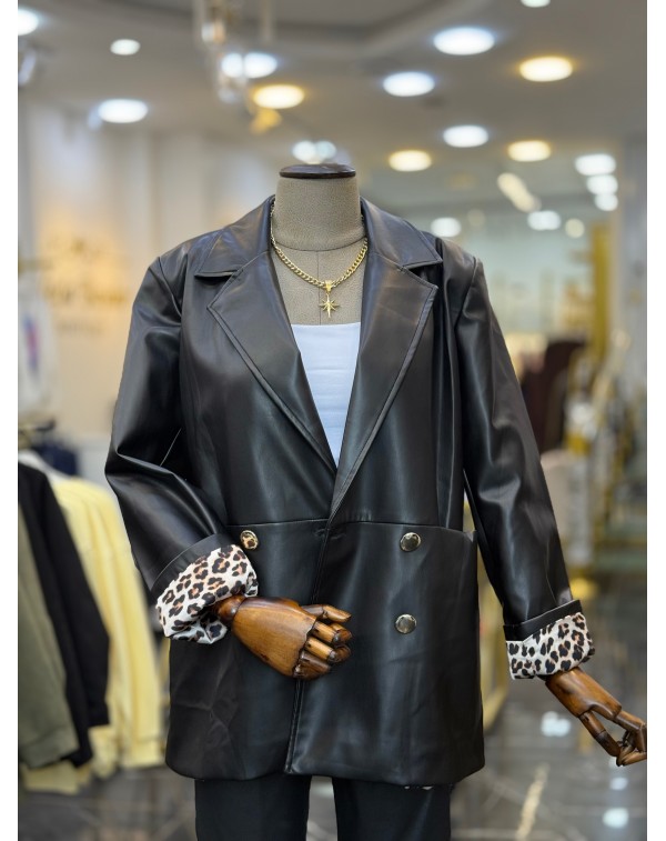 Lüx Kalite Suni Deri Leopar Astarlı Blazer Ceket