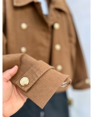 Premium Seri Gold Düğmeli Kısa Trenc Ceket Kahverengi 