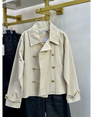 Premium Seri Gold Düğmeli Kısa Trenc Ceket Taş Rengi