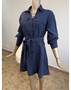 Lüx Tensel Kumaş Kuşaklı Gömlek  Elbise Lacivert 